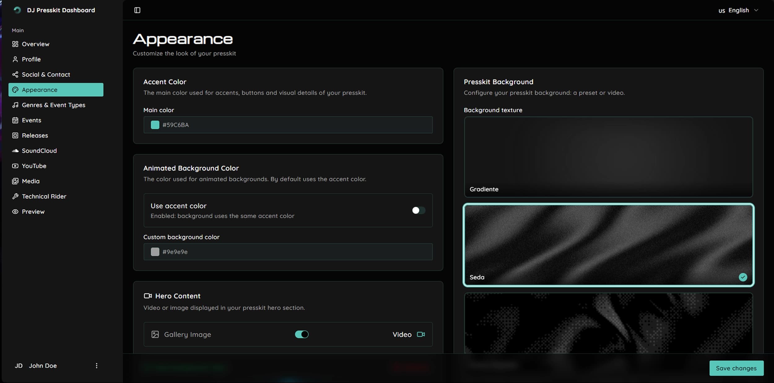 Appearance tab in the dashboard